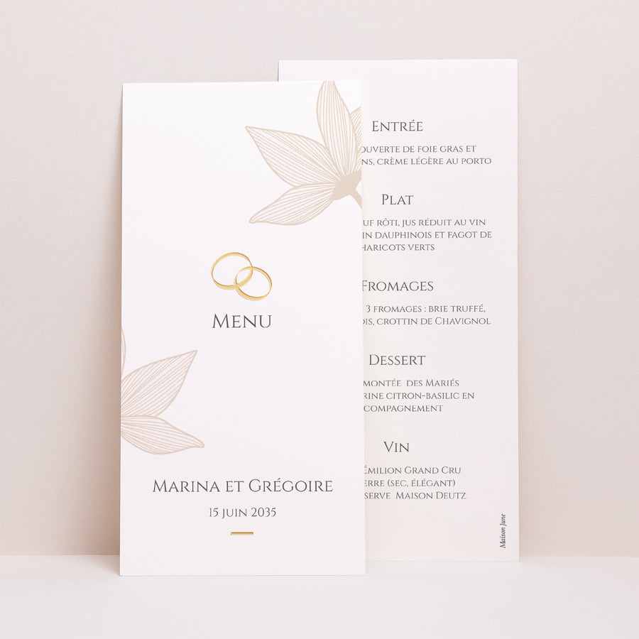 Menu Mariage Panoramique portrait Fleurs d'Élégance Doré photo