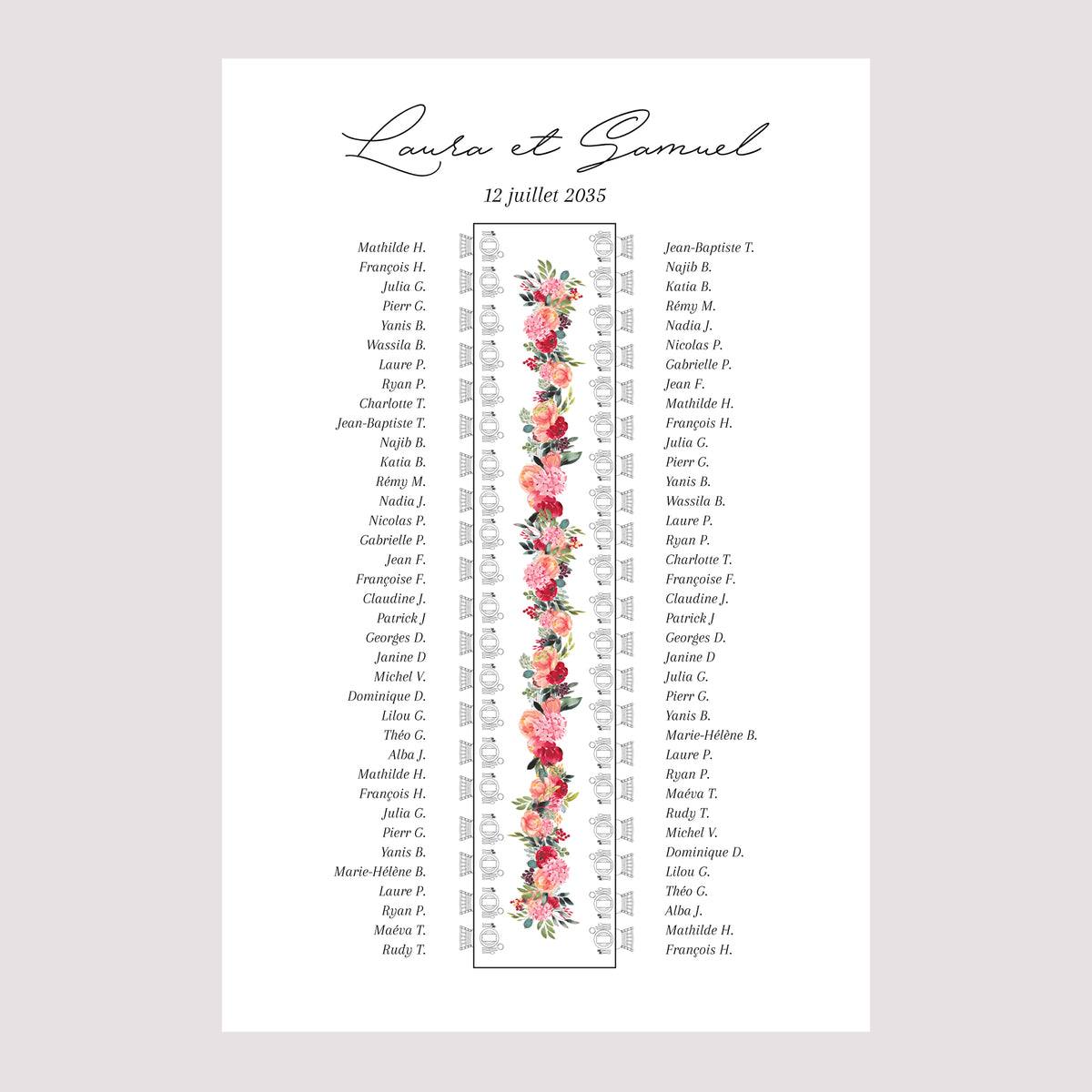 Plan de table Mariage Portrait 60 x 90 cm La table fleurie des mariés photo N° 2
