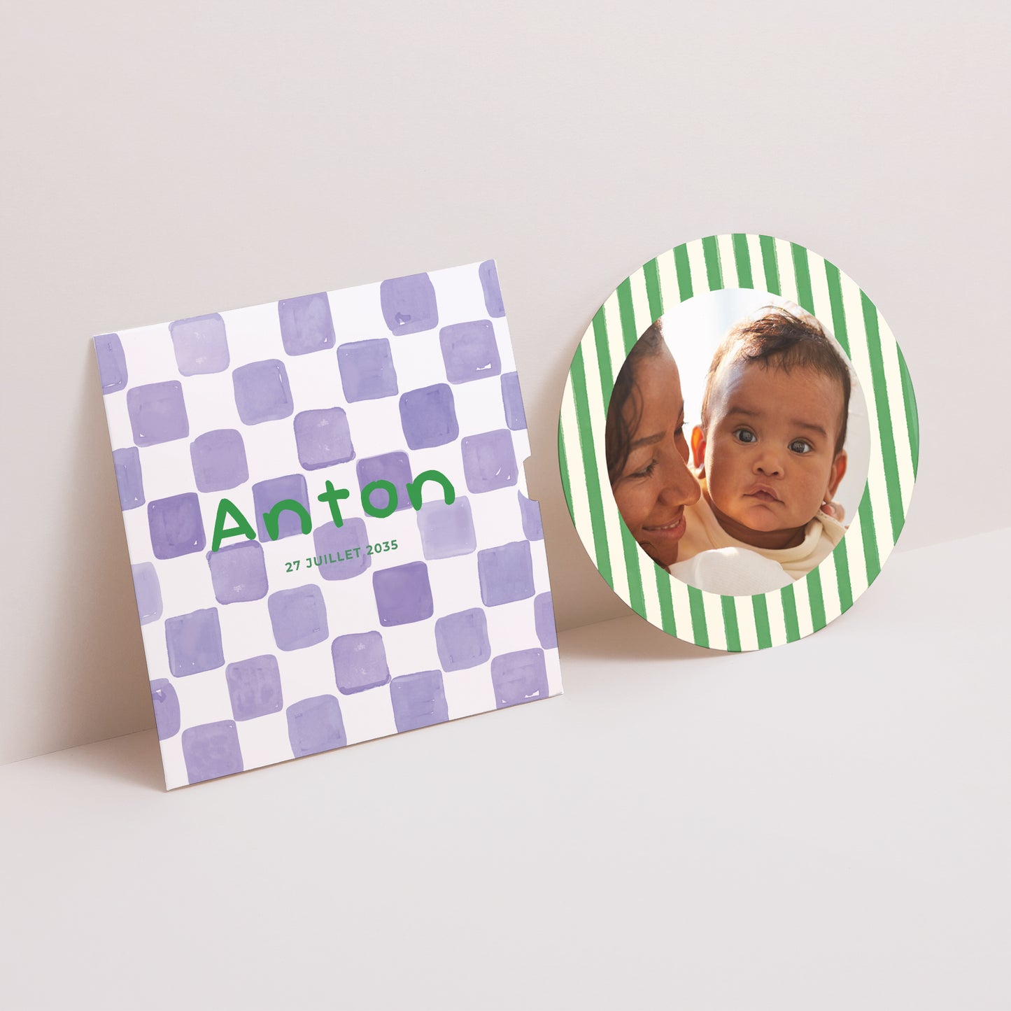 Faire-part Naissance Pochette disque Purple checkerboard photo N° 1