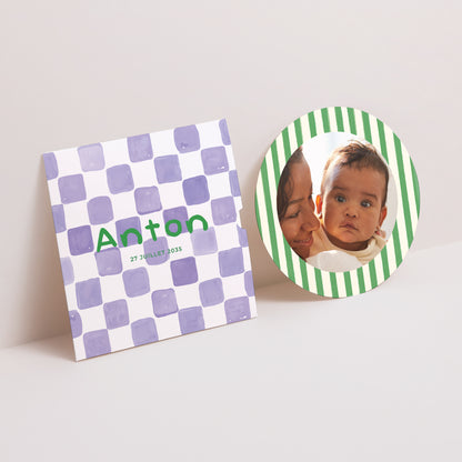 Faire-part Naissance Pochette disque Purple checkerboard photo N° 1