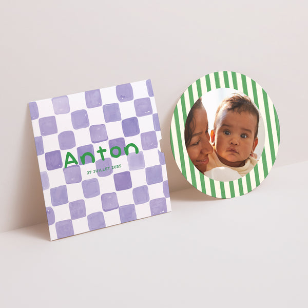 Faire-part Naissance Pochette disque Purple checkerboard photo