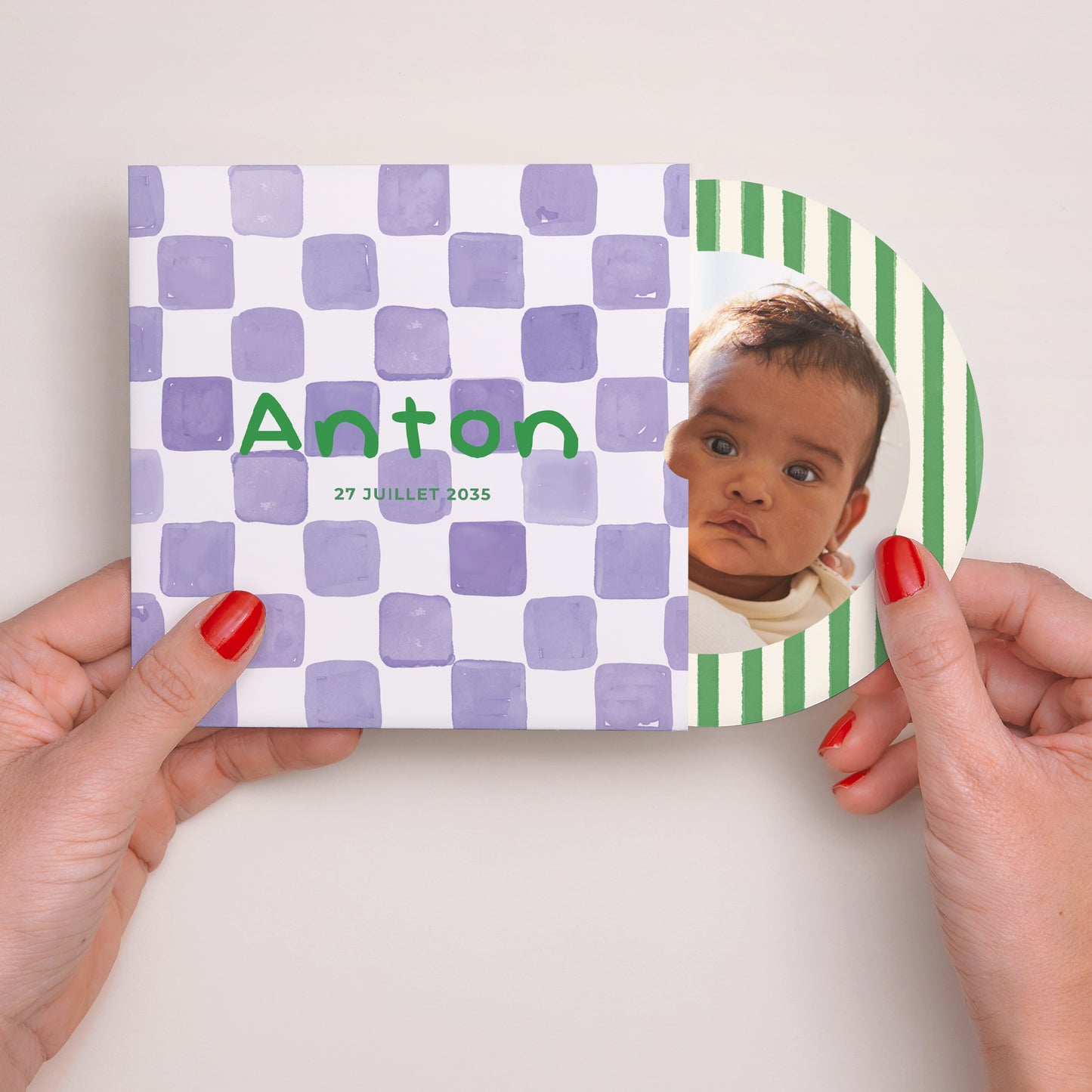 Faire-part Naissance Pochette disque Purple checkerboard photo N° 2