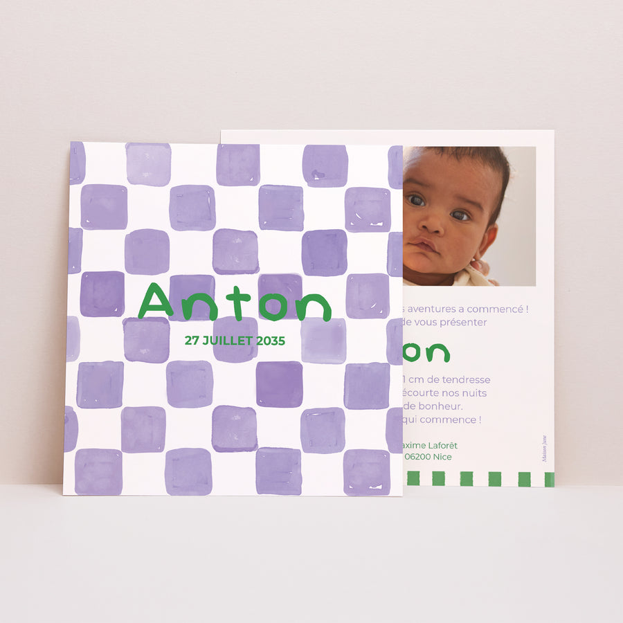 Faire-part Naissance Carré Purple checkerboard photo