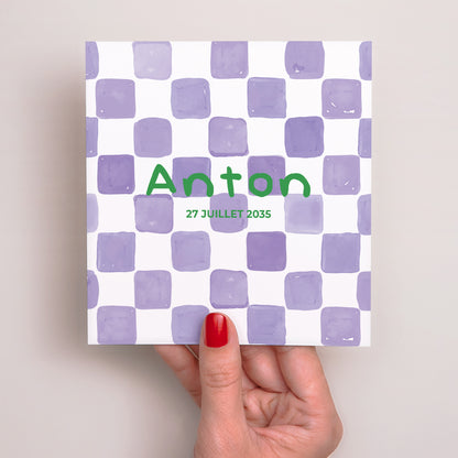 Faire-part Naissance Carré Purple checkerboard photo N° 2