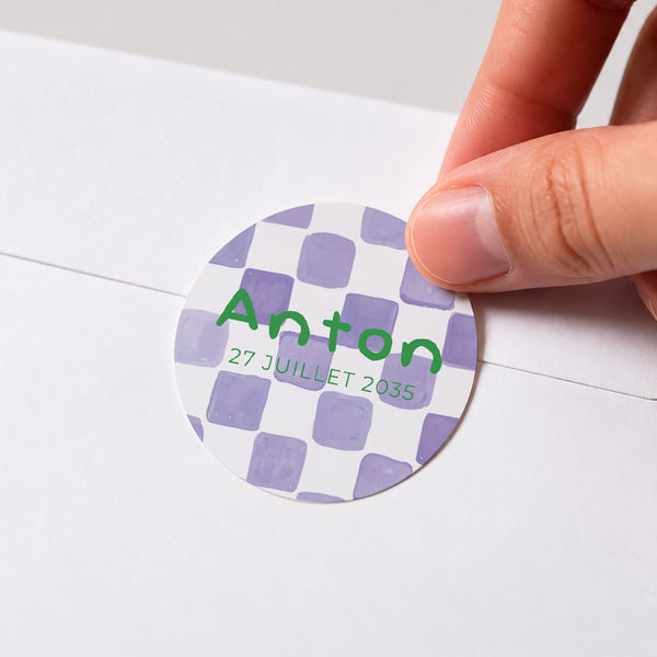 Sticker Naissance Rond Purple checkerboard photo