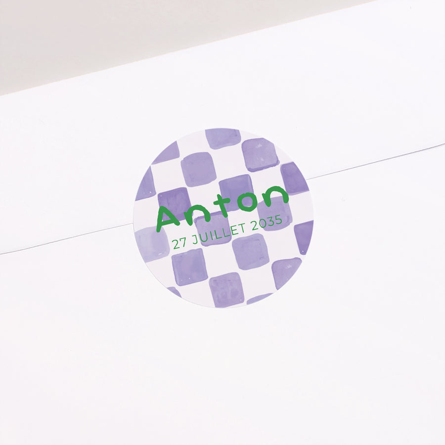 Sticker Naissance Rond Purple checkerboard photo