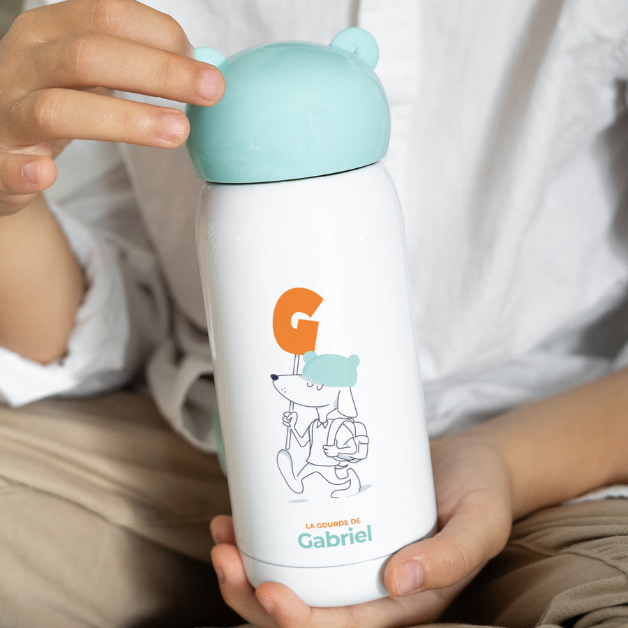 Gourde enfant Bleue, 32 cl Des chiens et des lettres oranges photo