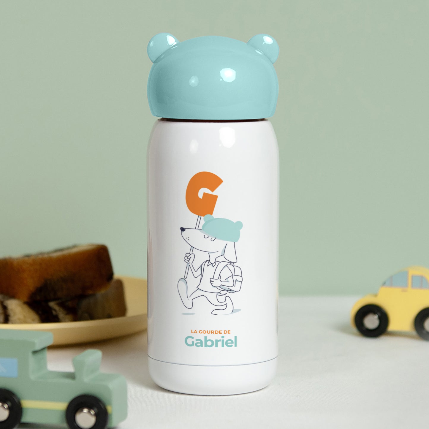 Gourde enfant Bleue, 32 cl Des chiens et des lettres oranges photo N° 3