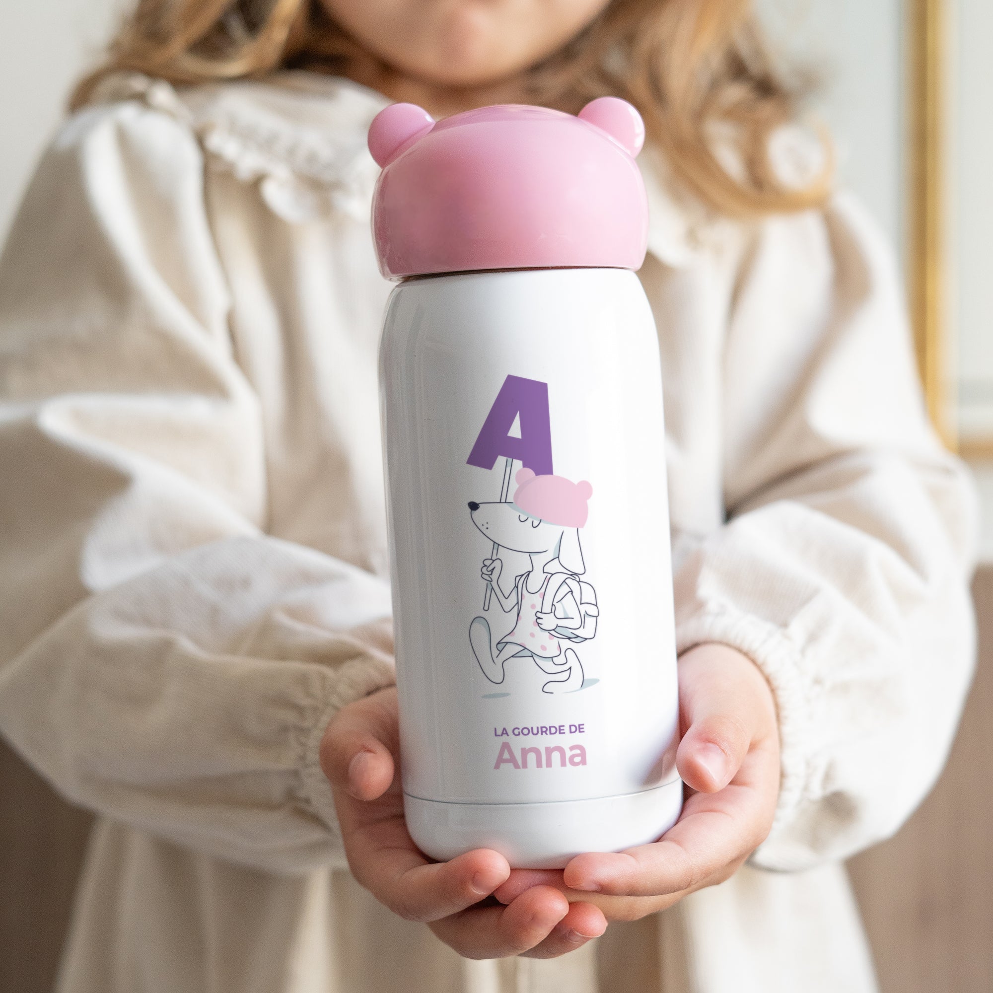 Gourde enfant Rose, 32 cl Des chiens et des lettres oranges photo N° 1