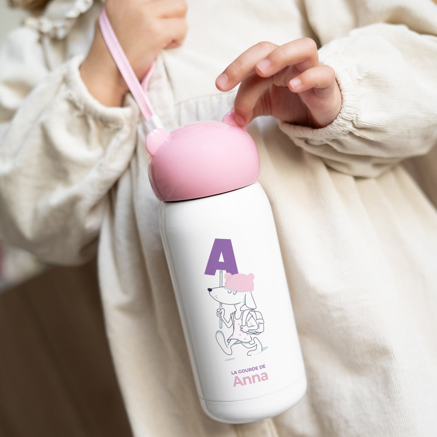 Gourde enfant Rose, 32 cl Des chiens et des lettres violettes photo N° 2