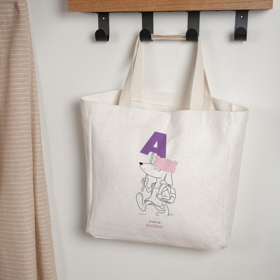 Tote bag Anse en toile Des chiens et des lettres violettes photo
