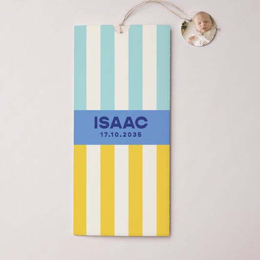 Faire-part Naissance Pochette portrait 2 cartes, étiquette Éveil en Couleurs photo