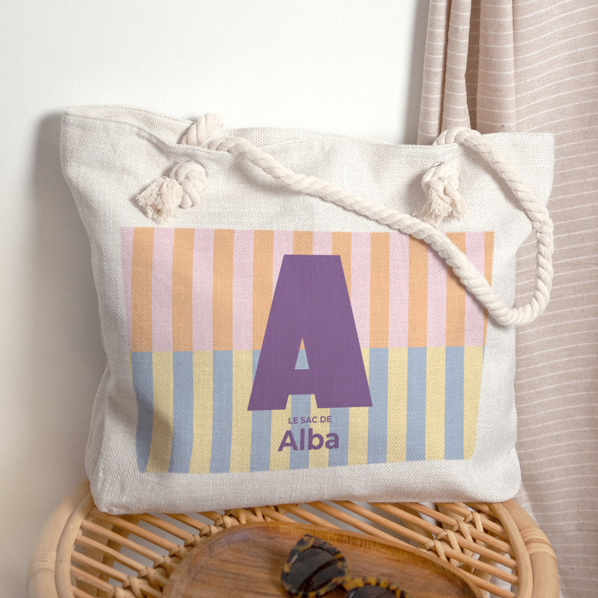 Sac cabas Naissance Anse en corde Colorful stripes pink II photo N° 1