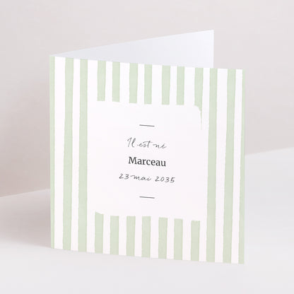 Faire-part Naissance Carré double volet Rayures vertes claires photo N° 1