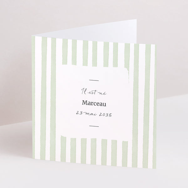 Faire-part Naissance Carré double volet Rayures vertes claires photo