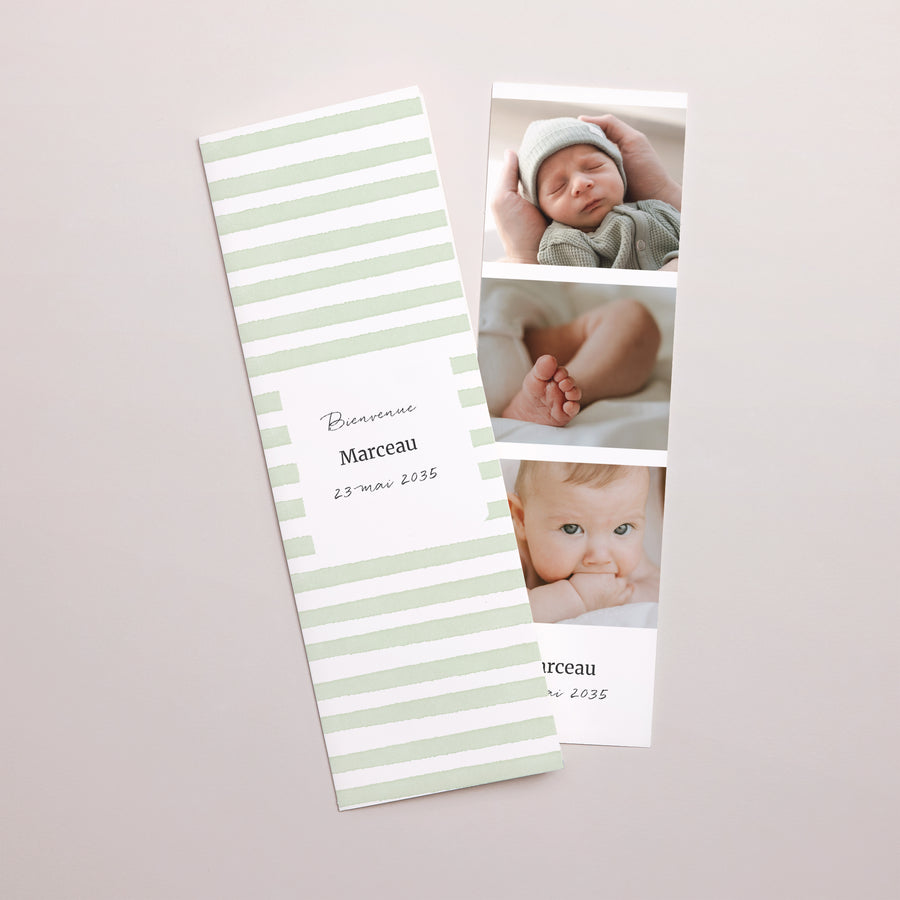 Faire-part Naissance Marque-page photo Rayures vertes claires photo
