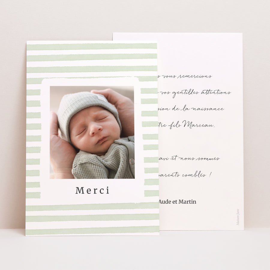 Remerciements Naissance Portrait Rayures vertes claires photo