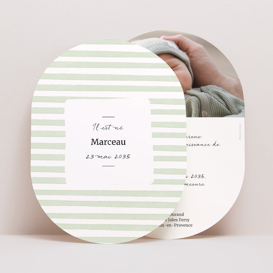 Faire-part Naissance Ovale Rayures vertes claires photo