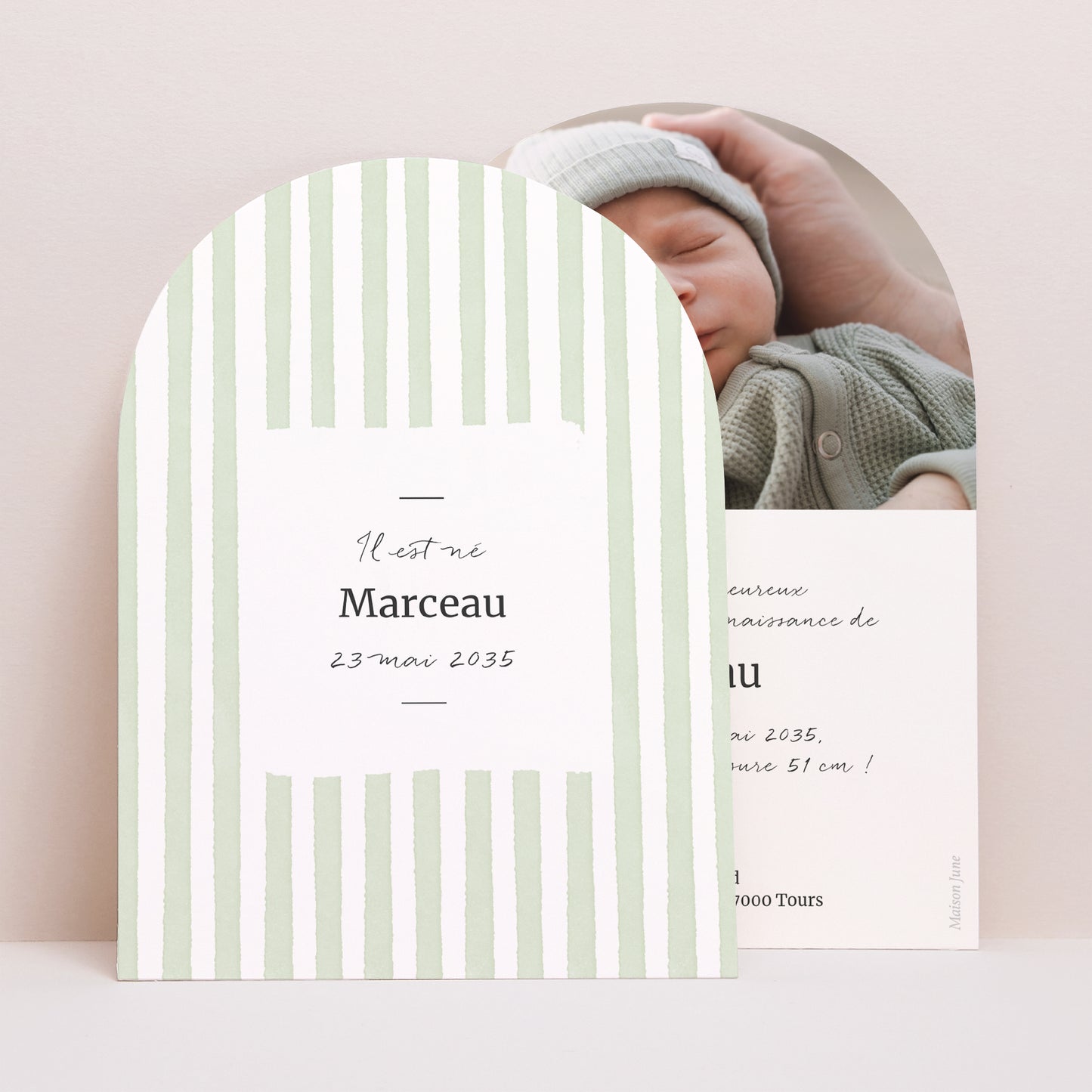 Faire-part Naissance Petite arche Rayures vertes claires photo N° 1