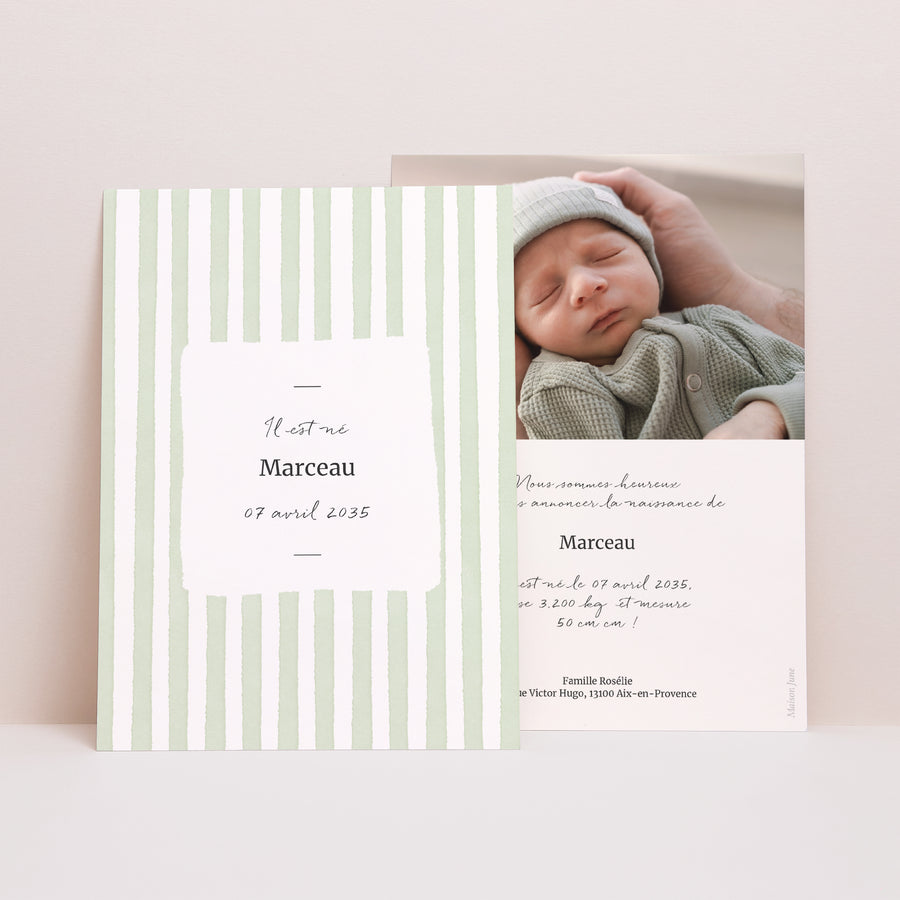 Faire-part Naissance Portrait Rayures vertes claires photo