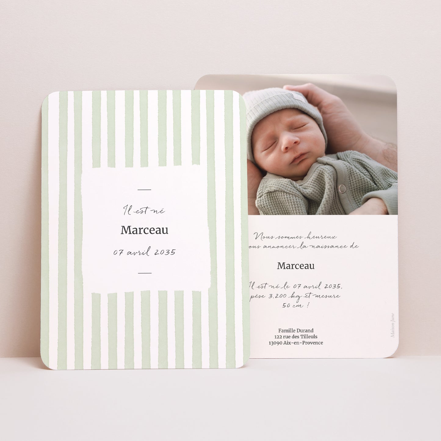 Faire-part Naissance Portrait, bords arrondis Rayures vertes claires photo N° 1