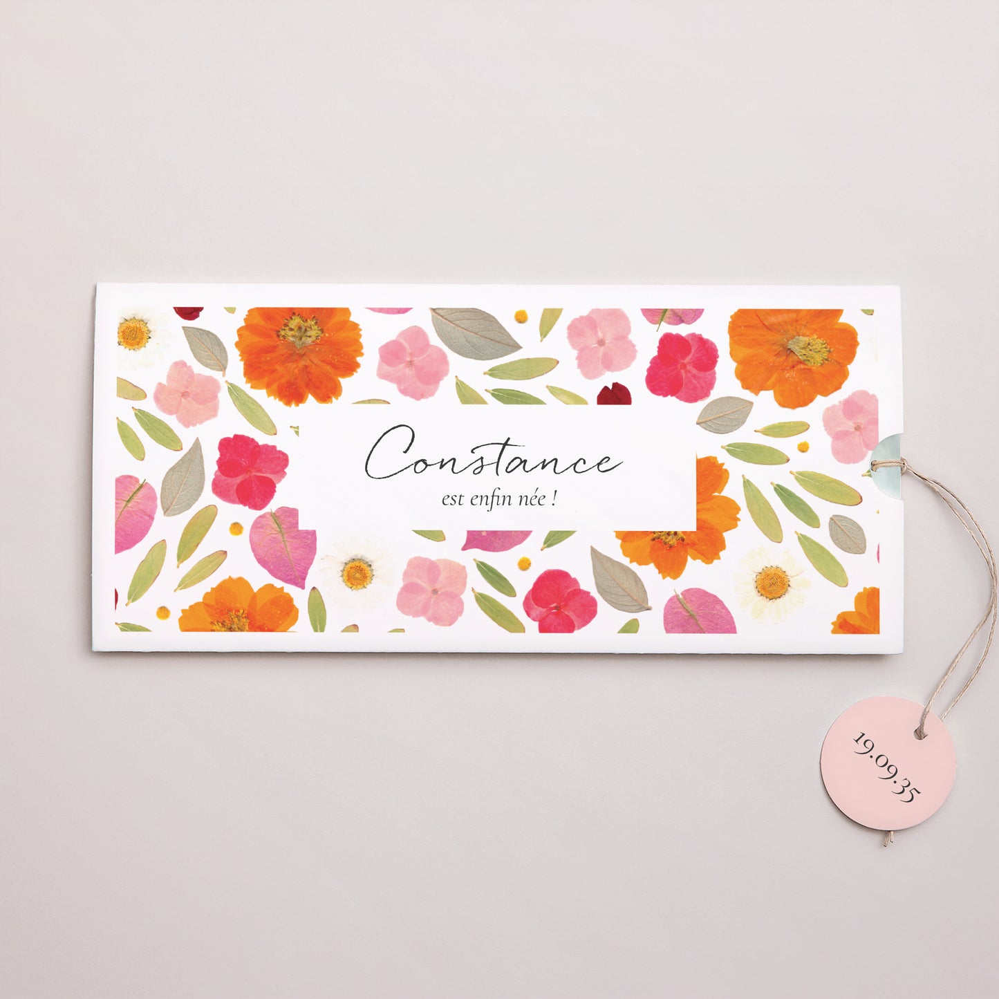 Faire-part Naissance Pochette 2 cartes, étiquette Pétales de Tendresse photo N° 1