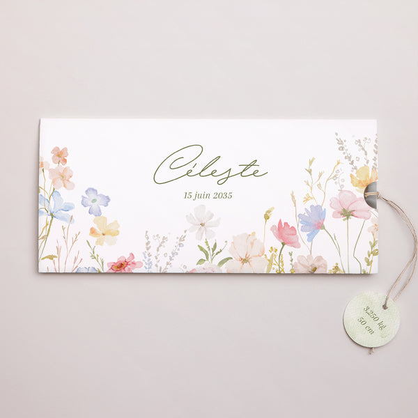Faire-part Naissance Pochette 2 cartes, étiquette Petite Fleur d’Amour photo