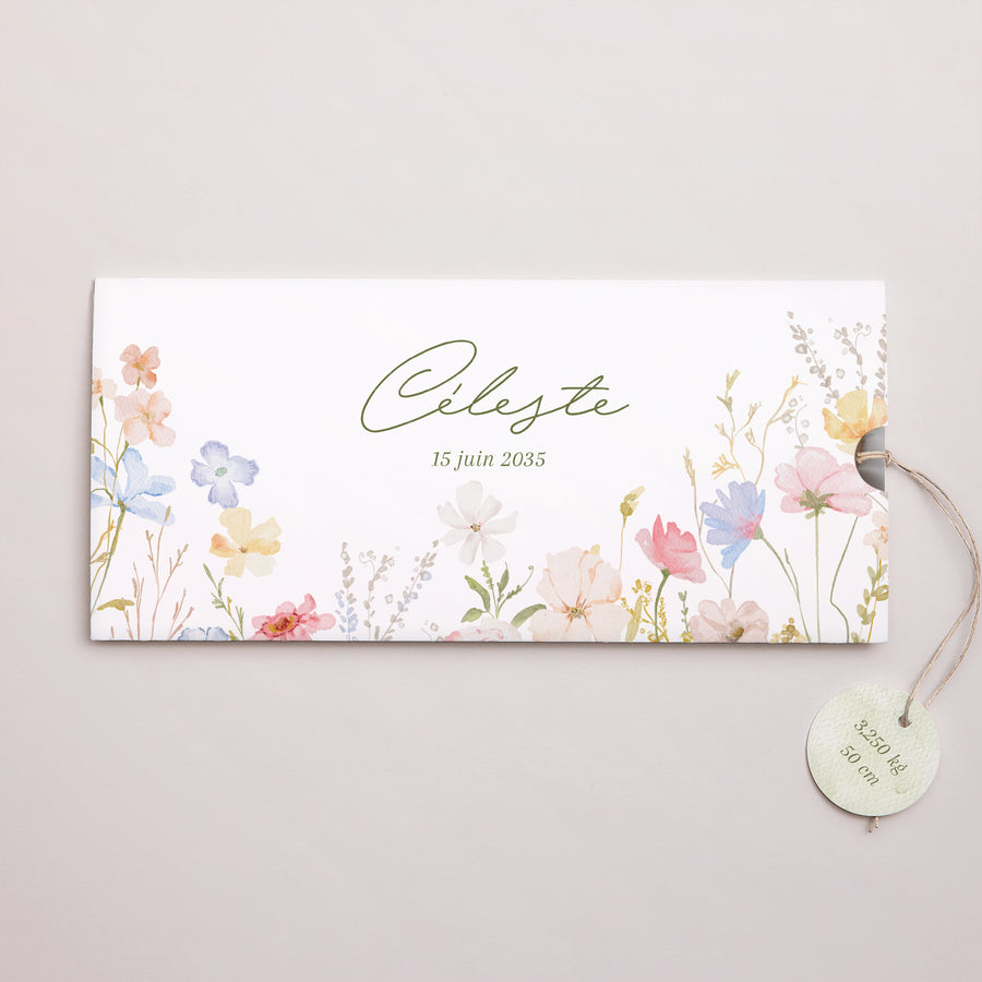 Faire-part Naissance Pochette 2 cartes, étiquette Petite Fleur d’Amour photo