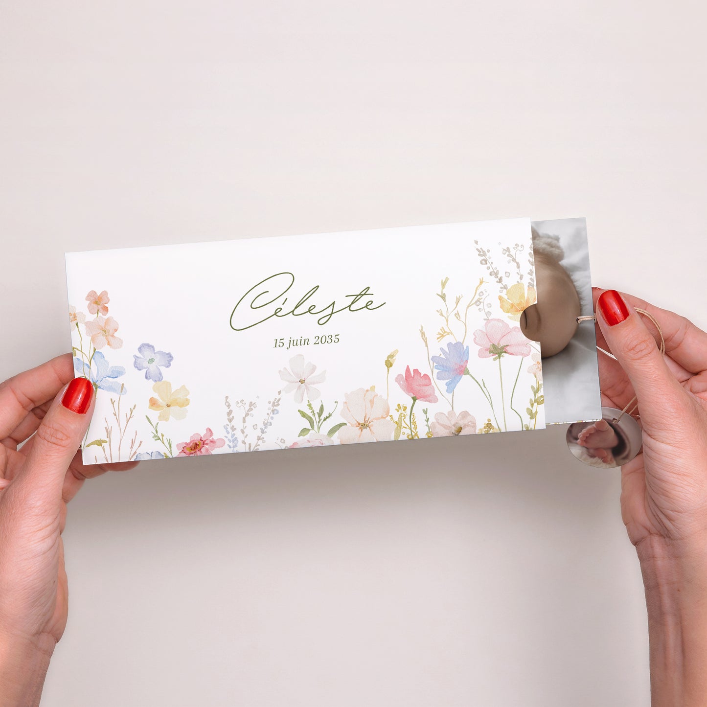 Faire-part Naissance Pochette 2 cartes, étiquette Petite Fleur d’Amour photo N° 2