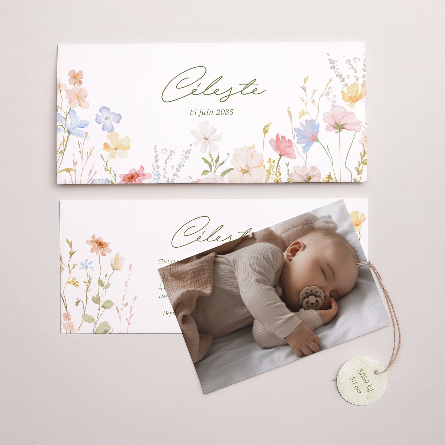 Faire-part Naissance Pochette 2 cartes, étiquette Petite Fleur d’Amour photo N° 3