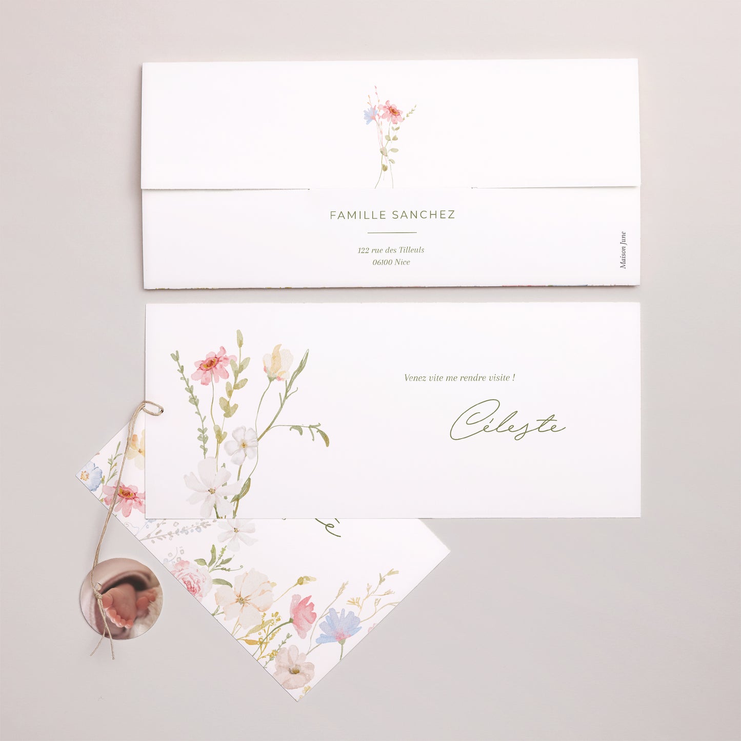 Faire-part Naissance Pochette 2 cartes, étiquette Petite Fleur d’Amour photo N° 4