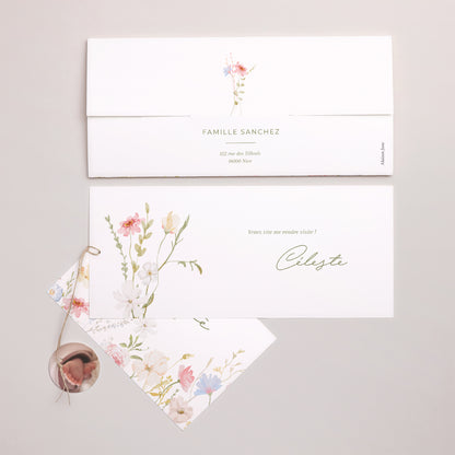 Faire-part Naissance Pochette 2 cartes, étiquette Petite Fleur d’Amour photo N° 4
