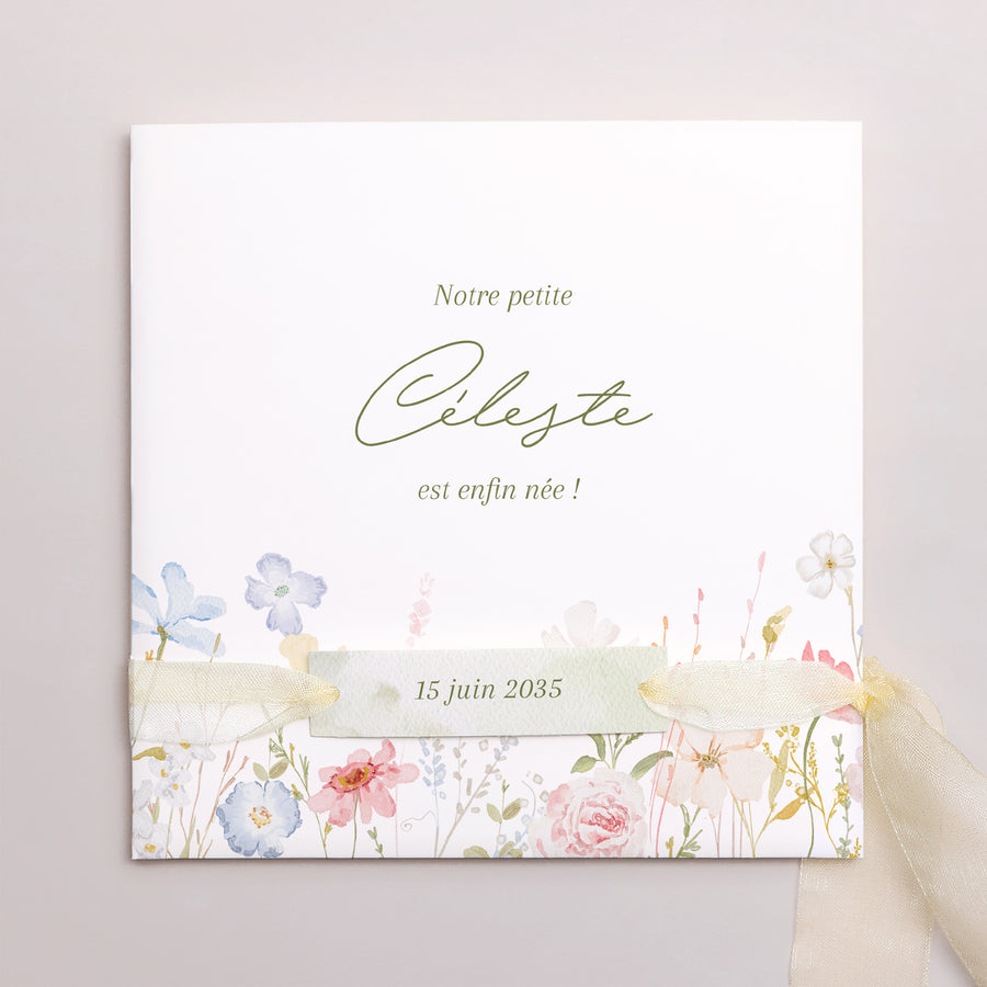 Faire-part Naissance Pochette carrée, 3 cartes, étiquette Petite Fleur d’Amour photo