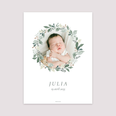 Affiche Naissance Portrait 30 x 40 cm Écrin Végétal