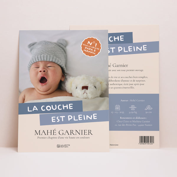 Faire-part Naissance Grand format rectangle La Couche est Pleine - Bleu photo