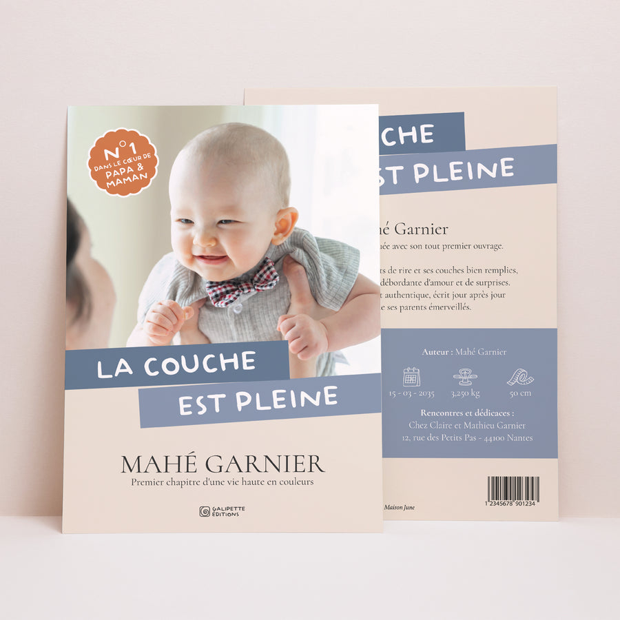 Faire-part Naissance Grand format rectangle La Couche est Pleine - Bleu photo