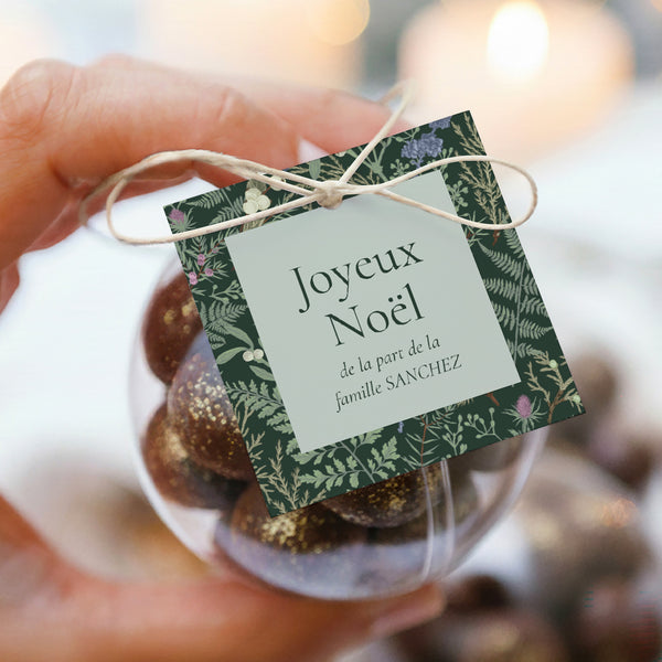 Boîte à dragées Fin d'année boule avec étiquette carrée Feuillages d’hiver photo