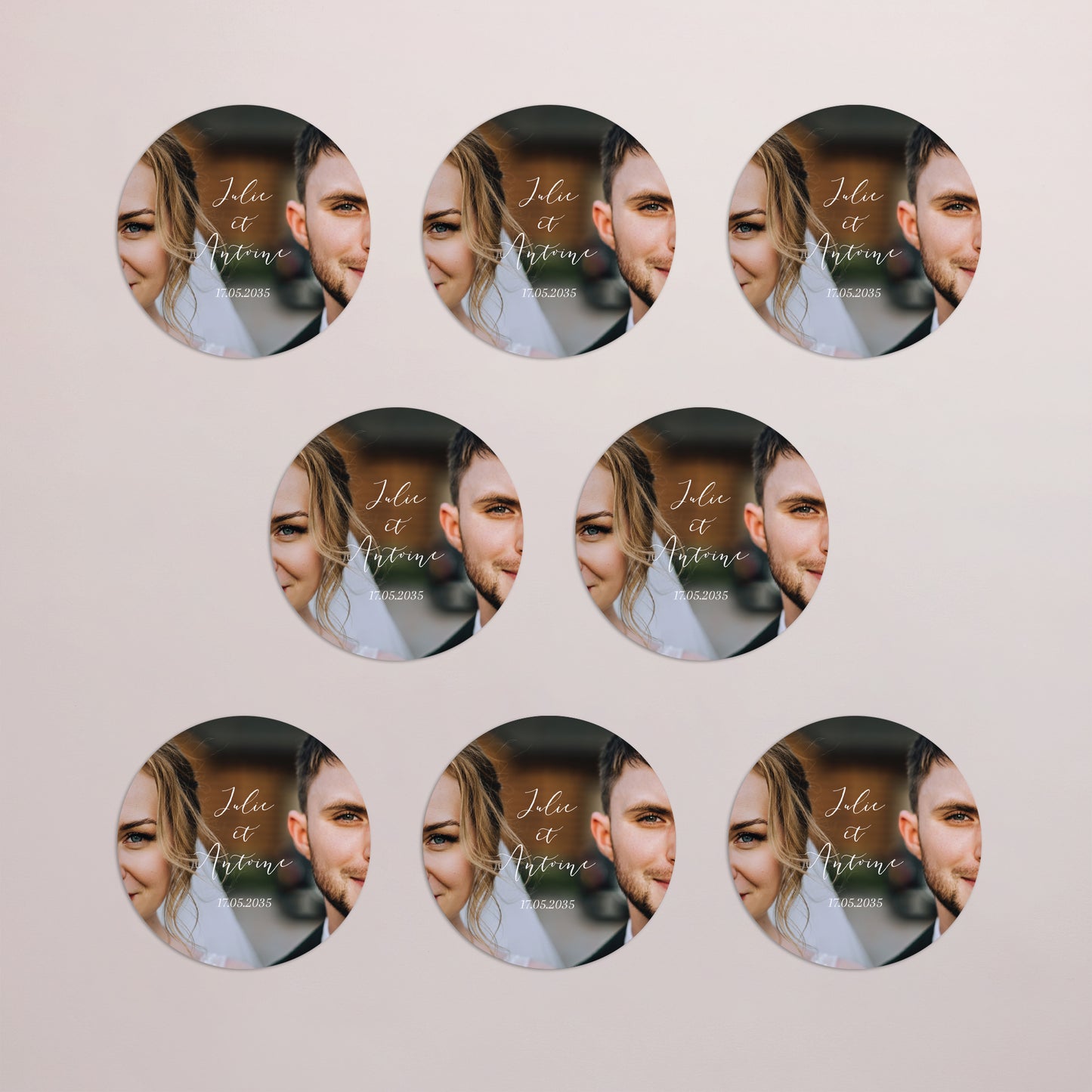 Remerciements Mariage Lot de 8, magnétique, rond, Ø 10cm Unis en images photo N° 3