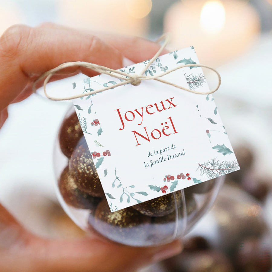 Boîte à dragées Fin d'année boule avec étiquette carrée Éclats de Houx photo