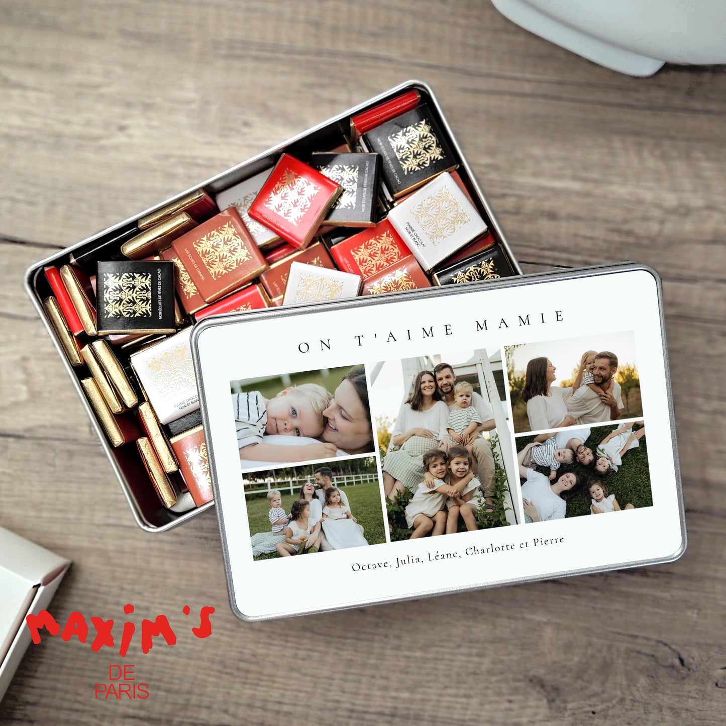 Boite métallique rectangle, garnie de chocolats Instants précieux en photo photo N° 1