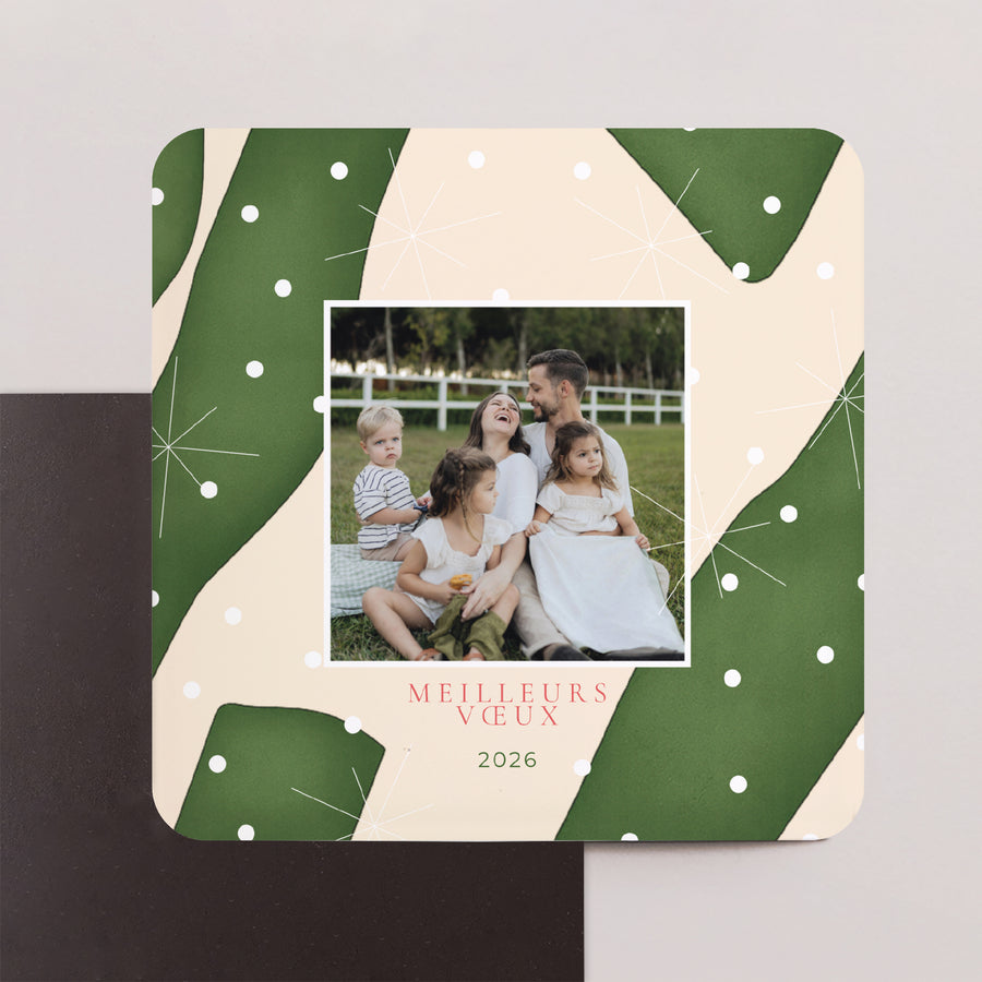 Carte de voeux Fin d'année Lot de 8, magnétique, carré coins arrondis Neige d’Émeraude photo
