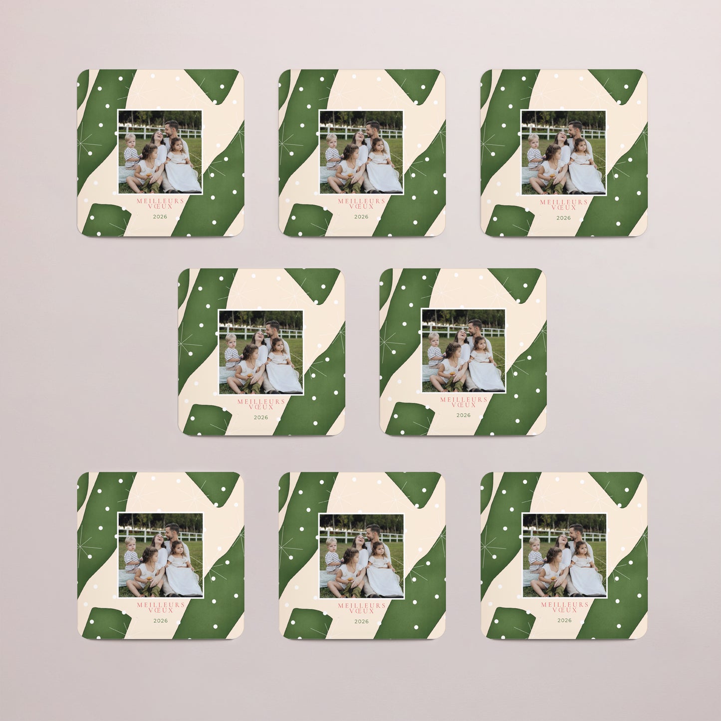 Carte de voeux Fin d'année Lot de 8, magnétique, carré coins arrondis Neige d’Émeraude photo N° 3