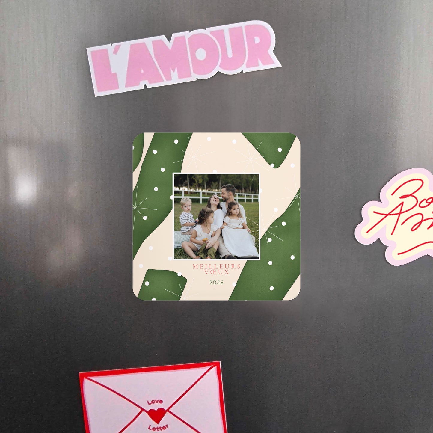 Carte de voeux Fin d'année Lot de 8, magnétique, carré coins arrondis Neige d’Émeraude photo N° 4