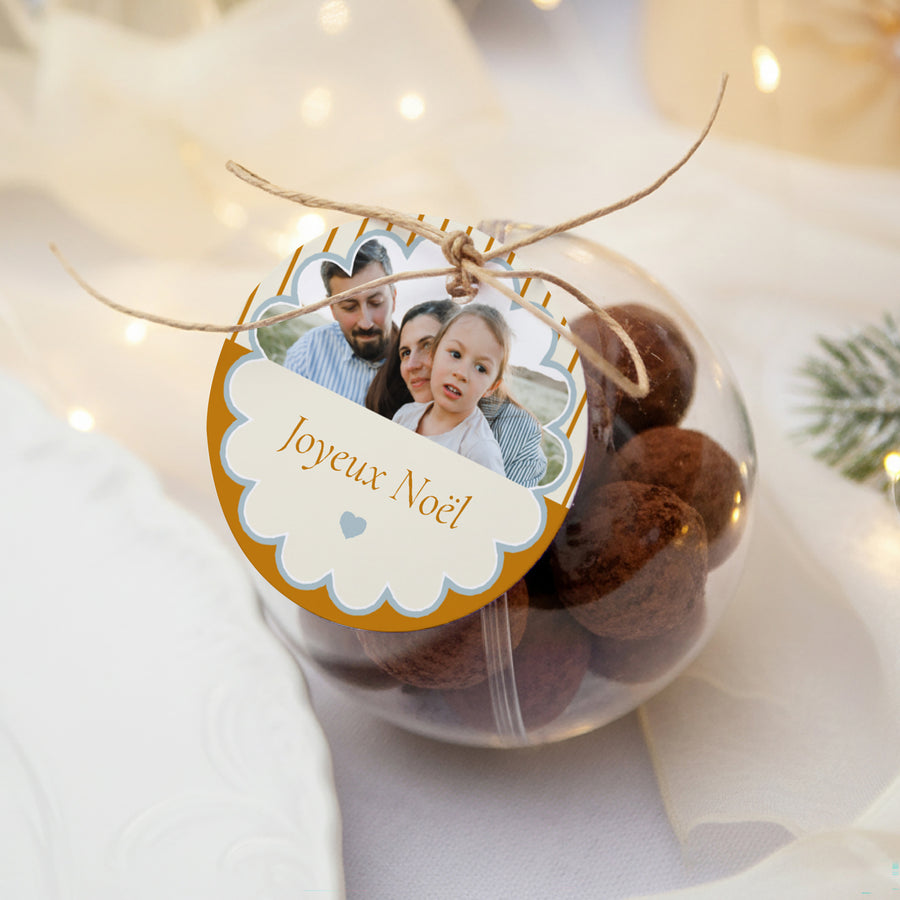 Boîte à dragées Fin d'année boule avec étiquette ronde Bleu ambre photo