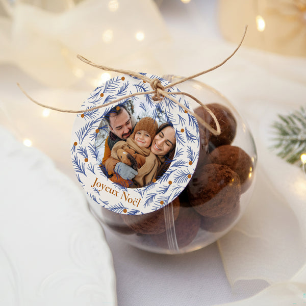 Boîte à dragées Fin d'année boule avec étiquette ronde Sapin bleu photo