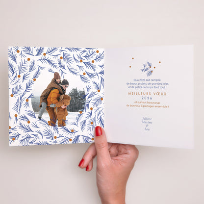 Carte de Noel Fin d'année Carré double volet Sapin bleu photo N° 2