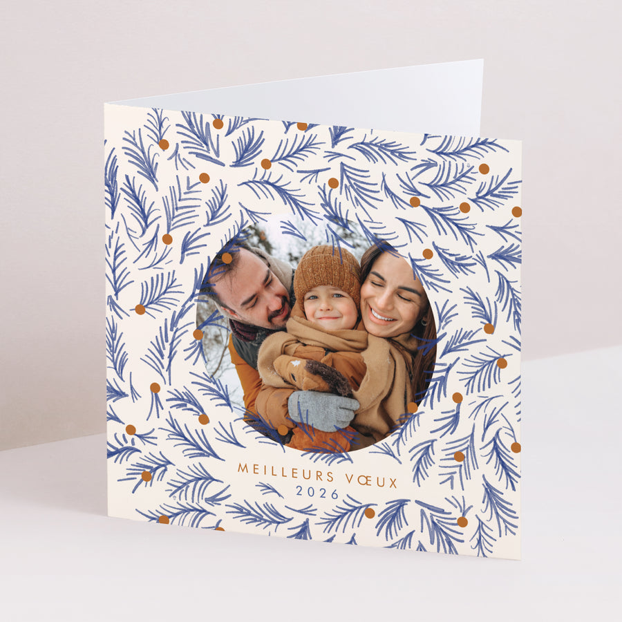 Carte de voeux Fin d'année Carré double volet Sapin bleu photo