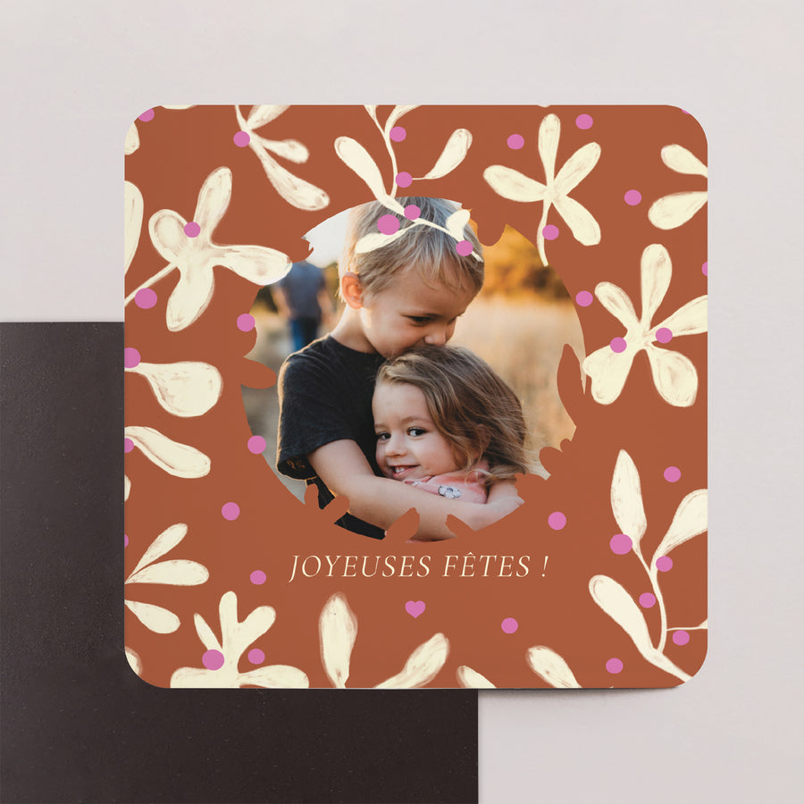 Carte de Noel Fin d'année Lot de 8, magnétique, carré coins arrondis Houx fuchsia photo