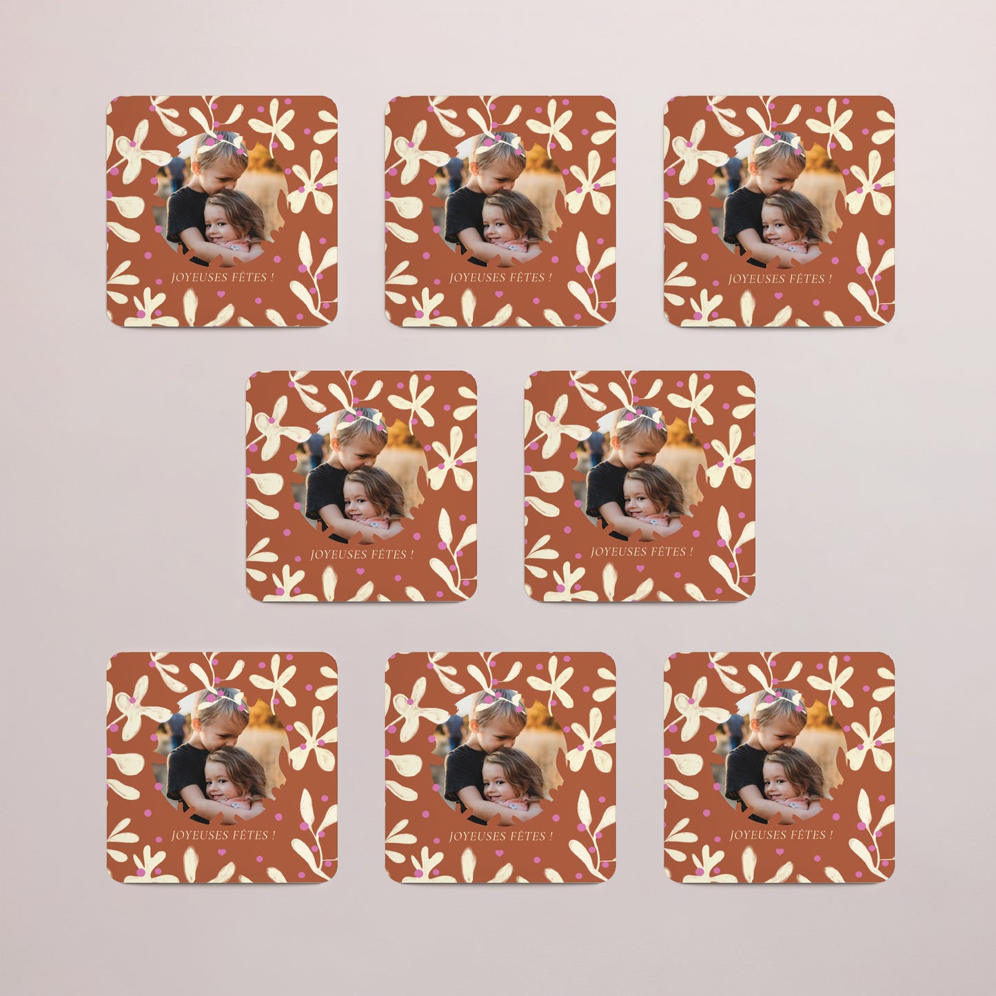 Carte de Noel Fin d'année Lot de 8, magnétique, carré coins arrondis Houx fuchsia photo N° 3