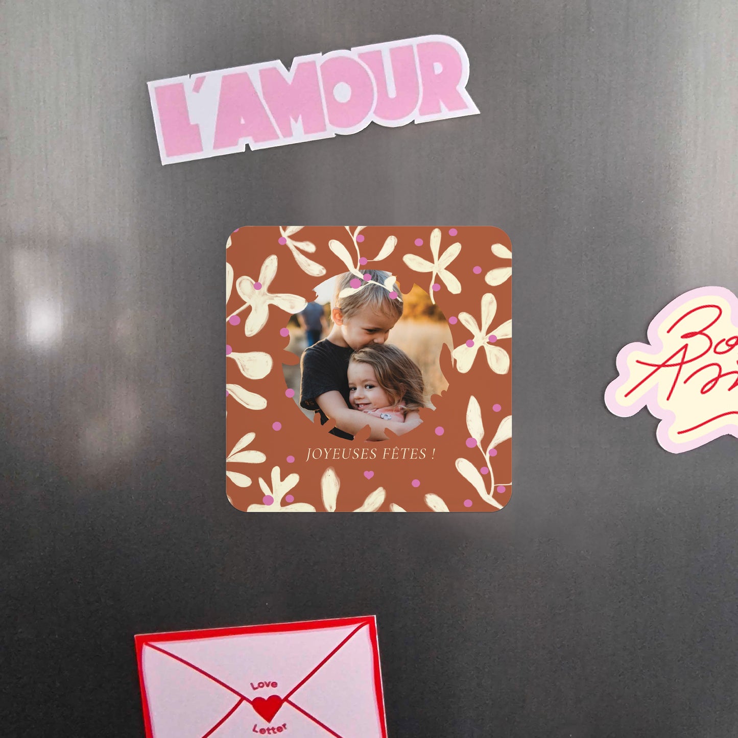 Carte de Noel Fin d'année Lot de 8, magnétique, carré coins arrondis Houx fuchsia photo N° 4